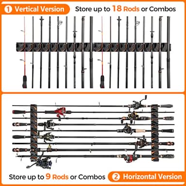 PLUSINNO V9 Vertical Fishing Rod Holders, 2 Packs Wall Mounted Fishing Pole Holders, Fishing Rod Racks Hold Up to 18 Rods or Combos, Fishing Pole Holders for Garage, Fits Most Rods of Diameter 3-19mm - Image 6
