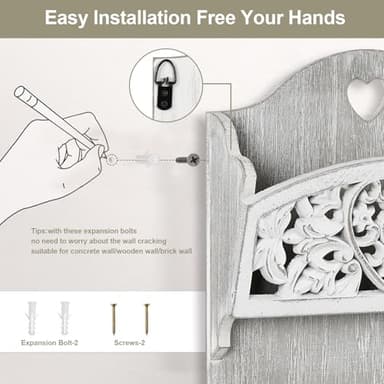 JAZUIHA Mail Organizer with Key Holder,2-Slot Mail Holder with 4 Key Hooks for Wall Decorative, Wooden Hanging Organizer for File Letter in Shelf Home Farmhouse Decor for Entryway Office - Image 7