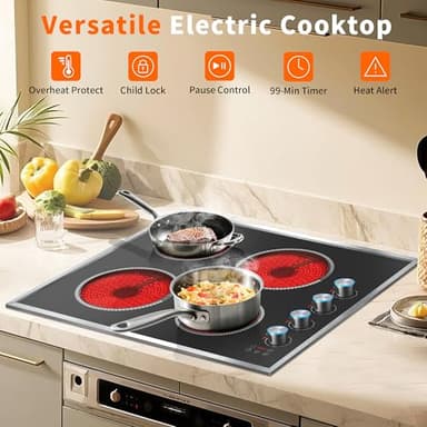 Pladeca 4 Burner Electric Cooktop, 24 Inch Electric Stove 6000W, 220V-240V Built-in Ceramic Stovetop with Knob Control, Child Lock, Timer Control, Residual Heat Indicator, Hard Wire(No Plug) - Image 6