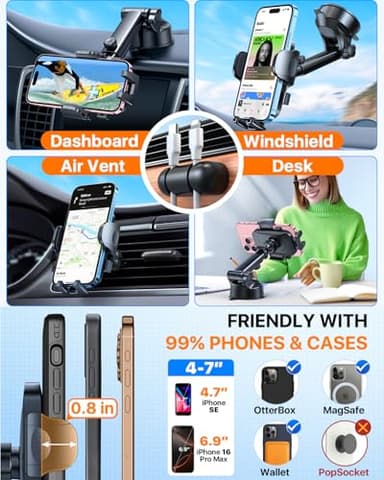 HTU 2025 Best Car Phone Holder 【Ultimate 5-in-1 & Upgraded 100+LBS Strongest Suction】【True Military-Grade & Safety Cert】 360° Windshield Dashboard Vent Mount Stand for iPhone Android & Truck, Black - Image 9