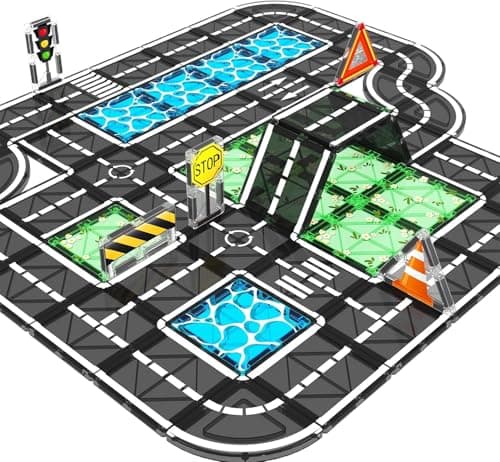 Magnetic Tiles Roads Construction Toys, Traffic Themed Building Blocks Set, Toddler Kids Toys for 3+ Year Old Boys Girls, Montessori STEM Sensory Games, Preschool Learning Educational Birthday Gifts - Image 1