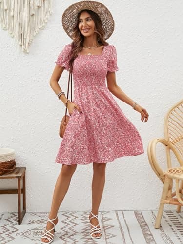 Berydress Women's Short Sleeve Dress with Pockets Square Neck Floral Mini Sundress Summer Casual Boho Smocked Dresses 2025 (S,6203-Pink Flower) - Image 3