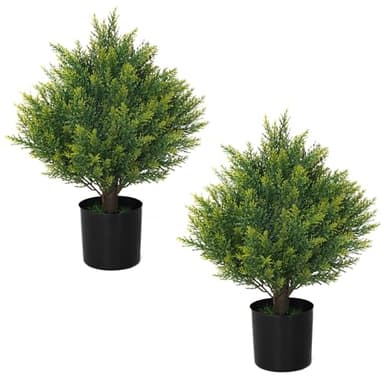 JoyPower Two 19''T Artificial Topiary Ball Trees, Artificial Small Shrub Plants, UV Resistant Potted Plants, Indoor and Outdoor Front Porch Gardens, Office Decoration - Image 1
