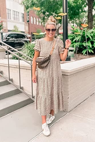 PRETTYGARDEN Summer Dresses for Women 2025 Casual Floral Boho Midi Sun Dress Puff Short Sleeve Flowy Beach Vacation Sundress (Apricot,Large) - Image 6