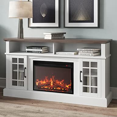 BELLEZE Traditional 58" Rustic TV Stand with 23" Electric Fireplace Heater with Sound, Media Entertainment Center Console Table for TV up to 65" with Open Storage Shelves and Cabinets - White - Image 2