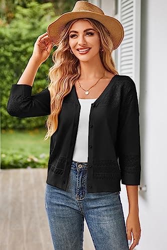 GRACE KARIN Women's Cropped Cardigan 3/4 Sleeve Lightweight Crochet Shrug Hollowed-Out Knit Sweater Tops Black L - Image 5