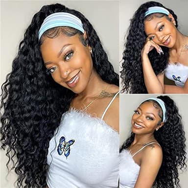 WENYAN Headband Wig Human Hair Deep Wave 20 Inch Wigs for Black Women Glueless None Lace Front Curly Wave Wig Brazilian Virgin Hair Wear and Go Wigs Machine Made 150% Density Natural Color - Image 7