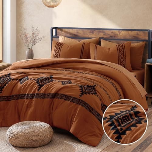 MAIREVE Burnt Orange Embroidery Comforters Set Queen Size - 7 Pieces, Farmhouse Western Bedding All Season, Bed in A Bag Queen Boho Comforter Set with Sheets, Pillowcases & Shams - Image 1