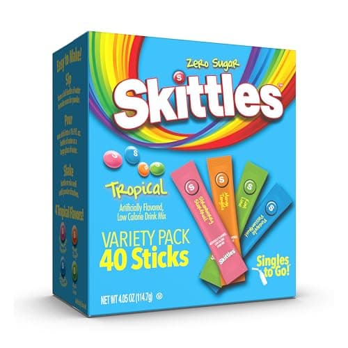 Skittles Singles To Go Tropical Variety Pack, Watertok Powdered Drink Mix, Zero Sugar, Low Calorie, Includes 4 Flavors: Strawberry Starfruit, Mango Tangelo, Kiwi Lime, Pineapple Passionfruit, 1 Box (40 Single Servings) - Image 1