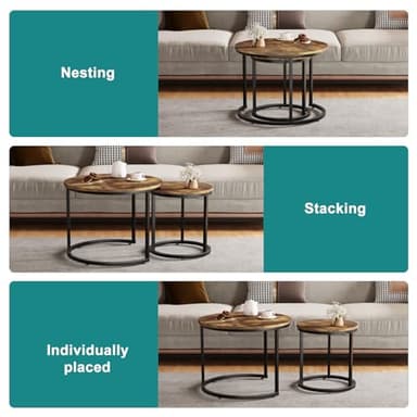 Smuxee Nesting Coffee Table Set of 2, 23.6" Round Coffee Table Rustic Wood Top with Adjustable Non-Slip Feet, Industrial End Table Side Tables for Living Room Bedroom Balcony Yard - Image 5