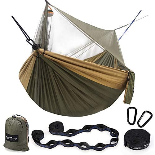 Sunyear Hammock Camping with Net/Netting, Portable Camping Hammock Double Tree Hammock Outdoor Indoor Backpacking Travel & Survival, 2 Tree Straps (16+1 Loops Each, 20Ft Total) - Image 1