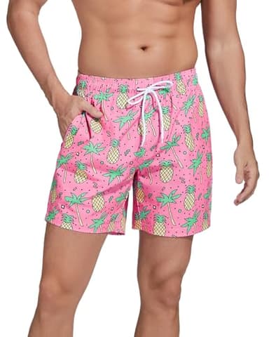 SILKWORLD Mens Swim Trunks with Compression Liner Quick Dry Bathing Suit with Zipper Pockets, Pink Pineapple, Large - Image 4