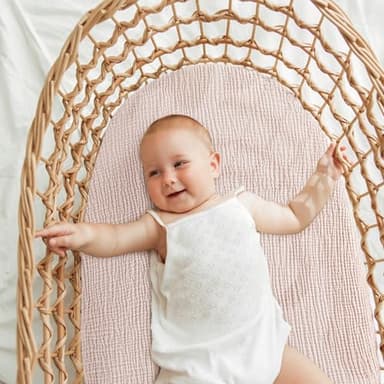 Bearmoss Bassinet Sheets - 2 Pack Muslin Cotton Bassinet Sheets Fits Oval and Rectangle Bassinet Mattress, Breathable and Skin-Friendly for Baby Boy and Girl (Light Pink&Purple) - Image 5