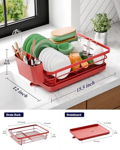 Kitsure Dish Drying Rack for Kitchen Counter, Stainless Steel Sink Organization and Storage Essentials with Cutlery Holder, Home and Appartment Decor, 12''W x 15.5''L, Red - Image 2