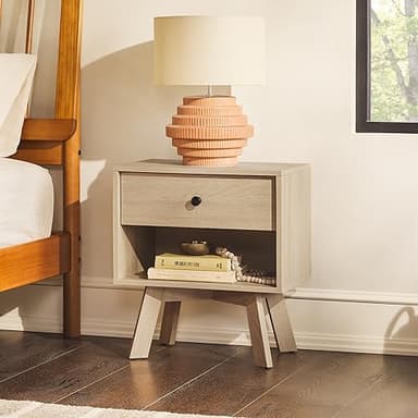 Walker Edison Mid Century Modern 1-Drawer Nightstand Bedroom Storage Drawer and Shelf Bedside End Table, 21 Inch, Coastal Oak - Image 2
