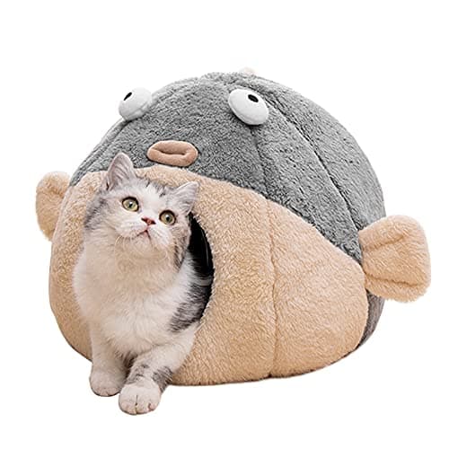 Cat Beds for Indoor Cats - Cat Bed Cave with Removable Washable Cushioned Pillow, Soft Plush Premium Cotton No Deformation Pet Bed, Lively Pufferfish cat House Design, Grey, Multiple Sizes - Image 1