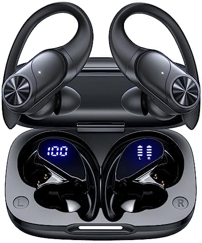 PocBuds Bluetooth Headphones Wireless Earbuds 80hrs Playtime Wireless Charging Case Digital Display Sports Ear Buds with Earhook Deep Bass IPX7 Waterproof Over-Ear Earphones for TV Phone Laptop Black - Image 1