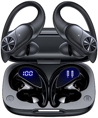 PocBuds Bluetooth Headphones Wireless Earbuds 80hrs Playtime Wireless Charging Case Digital Display Sports Ear Buds with Earhook Deep Bass IPX7 Waterproof Over-Ear Earphones for TV Phone Laptop Black - Image 1