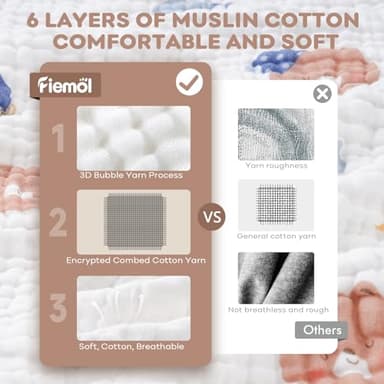 FIEMOL Baby Bath Towels, 100% Muslin Cotton Hooded Baby Towels for Newborn, 2 Pack Baby Towels with Hood for Infant Toddler and Kids, Large 32x32Inch, Soft and Absorbent - Image 6
