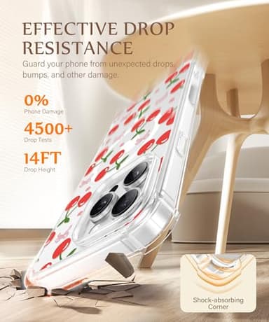 GVIEWIN Magnetic for iPhone 16 Pro Max Case Compatible with MagSafe,[Camera Control Capture Button][Mil-Grade Protection][Screen & Lens Protectors] Slim Clear Floral Phone Case 6.9", Rosy Cherry/Red - Image 4