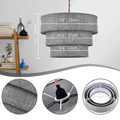 XININSUN 3-Tier Drum Plug in Pendant Light,Hanging Lamp with Dimmable Switch 15ft Hemp Rope Cord, Hanging Lights Fixture with Plug in Cord Plug in Chandelier for Bedroom Dining Room Entryway... - Image 2