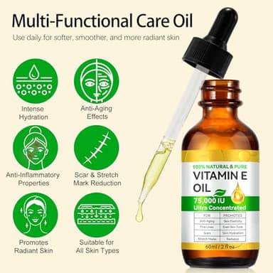 Vitamin E Oil, 75,000 IU, 100% Pure & Natural Vitamin E Oil for Skin, Face, Hair, Nails & Scars, Body Bath Moisturizing Dry Skin and Winkles, Non-GMO & Vegan (2 Fl Oz (Pack of 1)) - Image 7