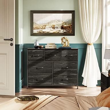 WLIVE 7 Drawer Dresser TV Stand, Entertainment Center, Media Console Table with Metal Frame and Wood Top for TV up to 45 inch, Chest of Drawers for Bedroom, Charcoal Black Wood Grain Print - Image 4