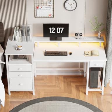 Furologee 60" White Office Computer Desk with 4 Drawers,Gaming Desk with LED Lights and Power Outlets,Long Desk with Fabric File Cabinet,Study Writing Work Table with Shelf for Bedroom Home Office - Image 2