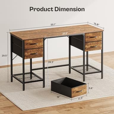 Huuger 55 Inch Computer Desk with 4 Drawers, Office Desk with Mesh Shelf, Gaming Desk, Large Storage, Writing Desk Work Desk for Home Office, Study, Bedroom, Work from Home, Rustic Brown - Image 3