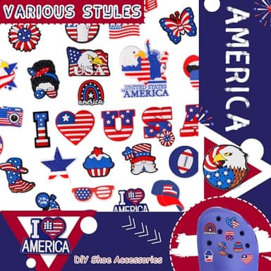 QAUYETM 42PCS Patriotic Shoe Charms for Clogs and Sandals Include American Flag Letters and Fun Designs Red White Blue PVC Accessories for Kids Teens Adults 4th of July Independence Day Party Favors - Image 5