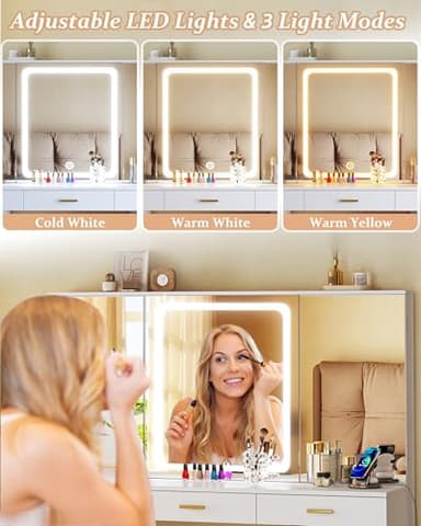 ALEXNUTRE Makeup Vanity Desk with Lights, 47.2" Vanities Desk with 11 Storage Drawers and Hidden Storage Shelves, White Vanity with 3 LED Lighting Modes Adjustable & Charging Stations, for Bedroom - Image 4