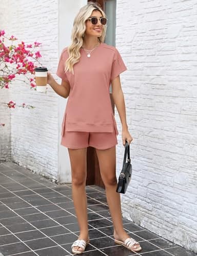LOMON Women's Loungewear Sets Fashion Comfy 2 Piece Outfits Shorts Sets Short Sleeve Summer Sweatsuits(Pink,L) - Image 4