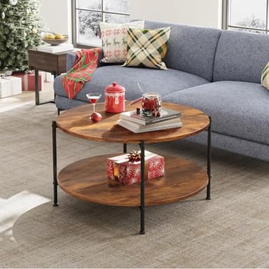 WLIVE Round Coffee Table, 32.6" Small Coffee Table with Storage Shelf, 2-Tier Circle Wood Center Table for Living Room, Apartment, Rustic Brown - Image 2