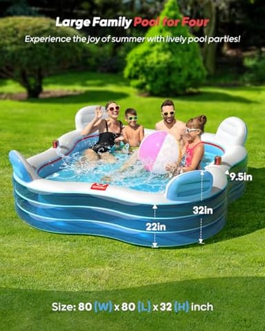 QPAU Inflatable Swimming Pool, Full-Sized Blow Up Pools with Seats and Backrests, Kiddie Pool for Outdoor & Backyard, for Family Summer Time Fun, Jelly Blue - Image 2