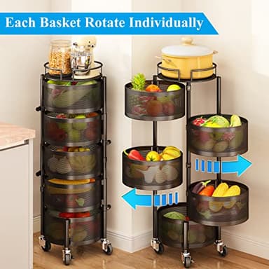 SAYZH Fruit Vegetable Basket for Kitchen, Rotating Storage Rack, 5 Tier Rolling Cart with top lid, Large Metal Wire Wheels, Black - Image 4