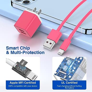 Apple MFi Certified USB Wall Charger - 10 FT Lightning Cable, 2 Ports Charging Plug Block Box for iPhone 12/11/XR/X/Xs/Xr/8/7/6/6s Plus/SE/5c/iPad - Pink - Image 4