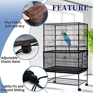 Daoeny Large Bird Cage Cover, Bird Cage Seed Catcher, Adjustable Soft Airy Nylon Mesh Net, Birdcage Cover Skirt Seed Guard for Parrot Parakeet Macaw African Round Square Cages (Black) - Image 4