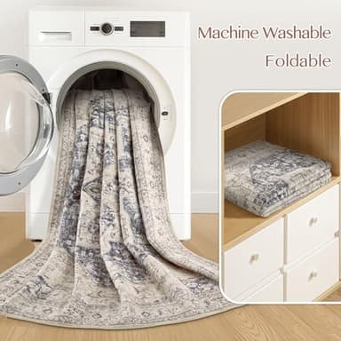 Tortania Area Rug Living Room Rugs - 7x9 Washable Boho Rug Vintage Oriental Distressed Farmhouse Large Thin Indoor Carpet for Living Room Bedroom Under Dining Table Home Office - Cream Blue - Image 5