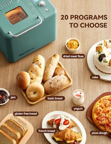 Neretva Bread Maker, 20-IN-1 2LB Bread Machine Dual Heater Bread Maker Machine Automatic with Nonstick Ceramic Pan, 15H Timer & 1H Keep Warm Set, Low Noise, Stainless Steel Breadmaker Recipe-Green - Image 2