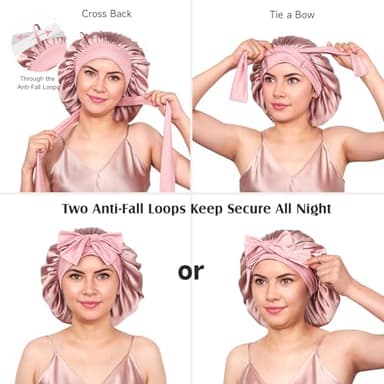 YFONG 100% 22 Momme Mulberry Silk Bonnet for Sleeping Women, Larger Double Layer Silk Hair Wrap for Curly Short Long Hair, Non-Slip Sleep Cap Turban with Elastic Tie Band for Hair Care, Pink - Image 6