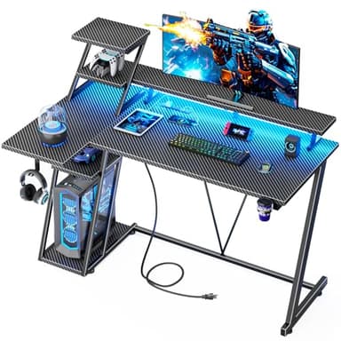 47 Inch Gaming Desk with LED Lights & Power Outlet, L Shaped Computer Desk with Storage Shelves, Gamer Workstations with Monitor Stand for Bedroom, Carbon Fiber Black - Image 1