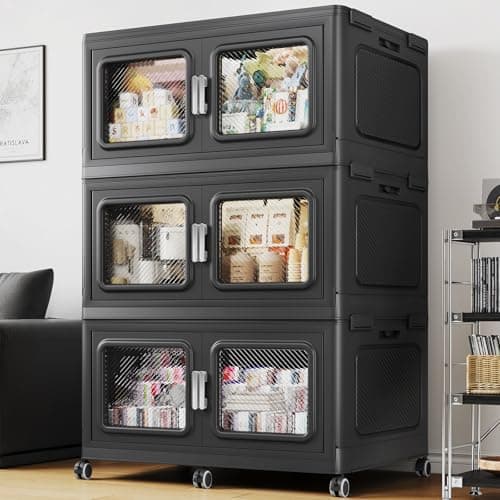 BROVIEW 165Gal Extra Large Storage Bins with Lids, 660Qt Plastic Stackable Storage Bins with Wheels, Collapsible Closet Organizer and Storage Drawers, Storage Cabinets for Home, Office, 3 Pack, Black - Image 1