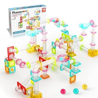 PicassoTiles 100pc Magnetic Marble Run Travel Size Tile Blocks Construction Kids Toy Set On The Go Mini Magnet Tiles Marbles Playset for Race Track Building Block STEM Learning Kit Boy Girl 3+ PTMG100 - Image 1