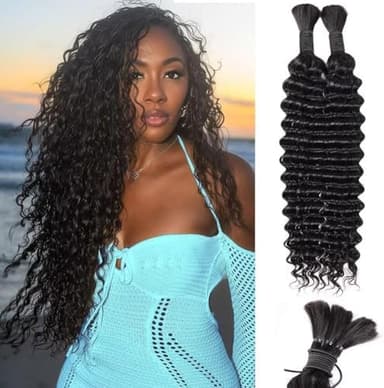 Human Braiding Hair 12A Deep Water Wave Bulk Human Hair 100g 18 Inch Curly Human Hair for Boho Braids Hair Extensions No Weft 2 Braids Per Pack Wet and Wavy Human Hair Braiding Hair Natural Black - Image 3