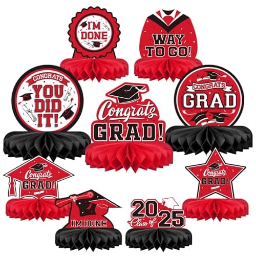9PCS Graduation Decorations 2025 Congrats Grad Table Centerpiece Congratulate Graduation Honeycomb Table Toppers for Graduation Party Supplies(Red,Black） - Image 1