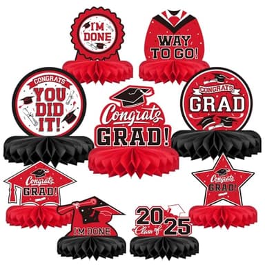 9PCS Graduation Decorations 2025 Congrats Grad Table Centerpiece Congratulate Graduation Honeycomb Table Toppers for Graduation Party Supplies(Red,Black） - Image 1