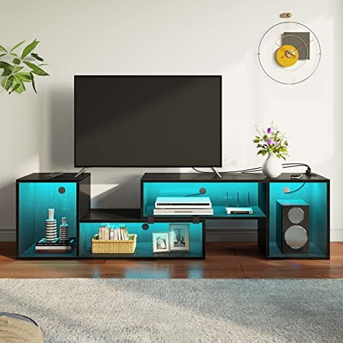 Rolanstar Deformable TV Stand with LED Strip & Power Outlets, Modern Entertainment Center for 45/50/55/60/65/70 inch TVs, Gaming Media 2 Pieces Console Cabinet, Black - Image 1