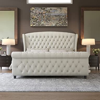 AMERLIFE King Size Platform Bed Frame, Chenille Upholstered Sleigh Bed with Scroll Wingback Headboard & Footboard/Button Tufted/No Box Spring Required/Cream - Image 3