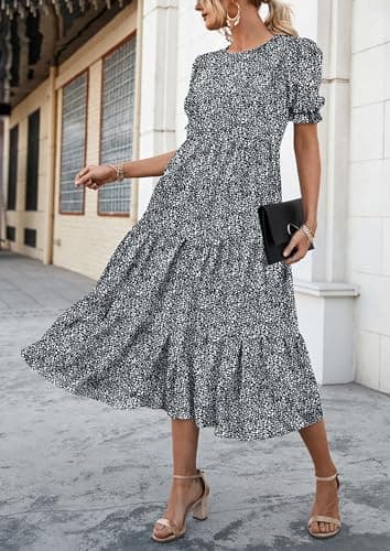 PRETTYGARDEN Summer Dresses for Women 2025 Casual Floral Boho Midi Sun Dress Puff Short Sleeve Flowy Beach Vacation Sundress (Black/White,Large) - Image 6