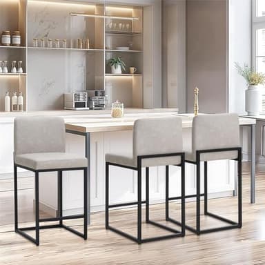 Sophia & William Light Grey Bar Stools Set of 3, Modern PU Leather Counter Height Barstools with Back, 24" Kitchen Island Bar Chairs - Image 1